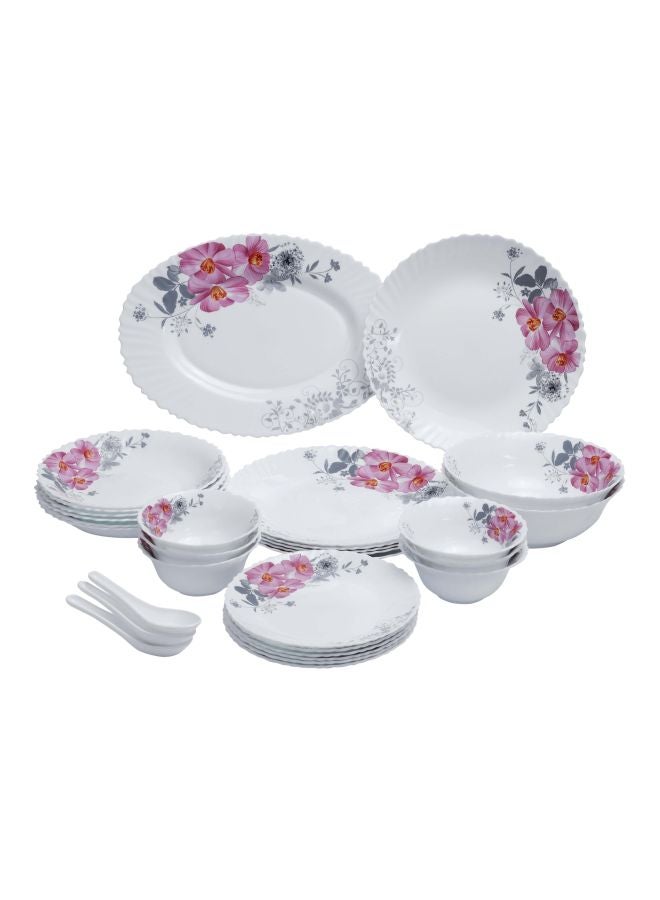 33-Piece Opalware Dinner Set White/Pink/Grey 6xDinner Plates - 10inch , 6xQuartes Plates - 7.5inch, Oval Plate - 13inch, 6xDeep Soup Plate - 8inch, 6xSoup Bowl - 5inch, ,6xSpoons, 2xServing Bowls - 8inch