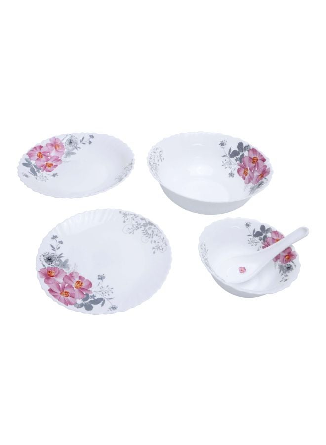 33-Piece Opalware Dinner Set White/Pink/Grey 6xDinner Plates - 10inch , 6xQuartes Plates - 7.5inch, Oval Plate - 13inch, 6xDeep Soup Plate - 8inch, 6xSoup Bowl - 5inch, ,6xSpoons, 2xServing Bowls - 8inch