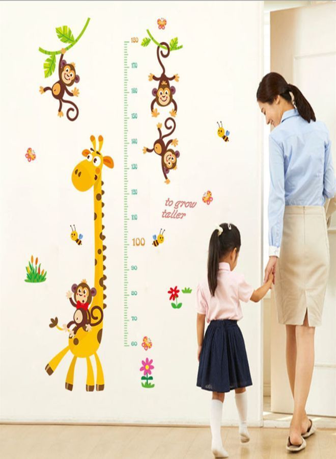 Giraffe And Monkey Growth Chart Removable Wall Sticker Set Brown/Green/Orange 60x90centimeter