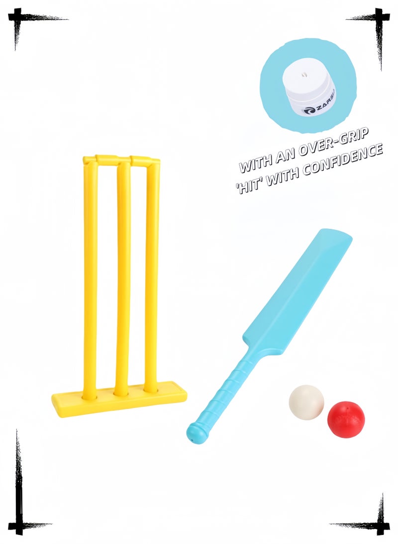 kids cricket toy, game set, plastic bat, balls, stumps, and bails