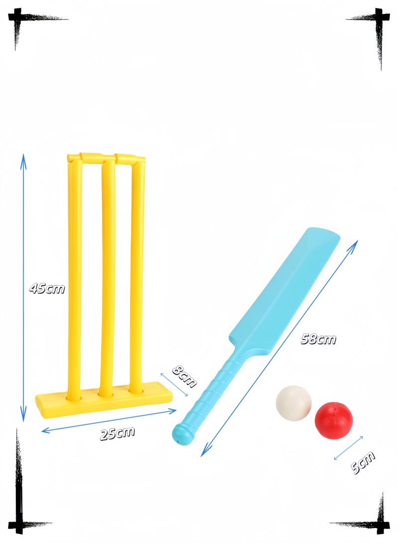 kids cricket toy, game set, plastic bat, balls, stumps, and bails