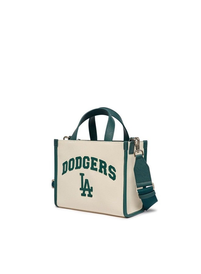 MLB Women's Contrasting Texture Canvas Tote Bag Pu Leather Stitching Large Capacity Shoulder Bag Multi Pocket Adjustable Shoulder Strap Handbag