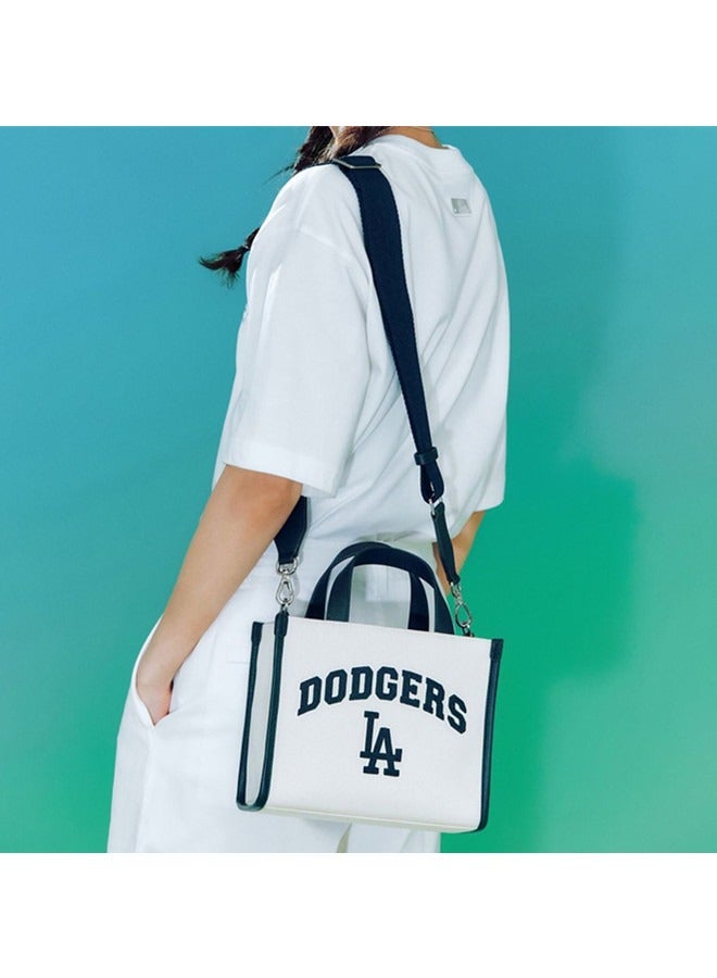 MLB Women's Contrasting Texture Canvas Tote Bag Pu Leather Stitching Large Capacity Shoulder Bag Multi Pocket Adjustable Shoulder Strap Handbag