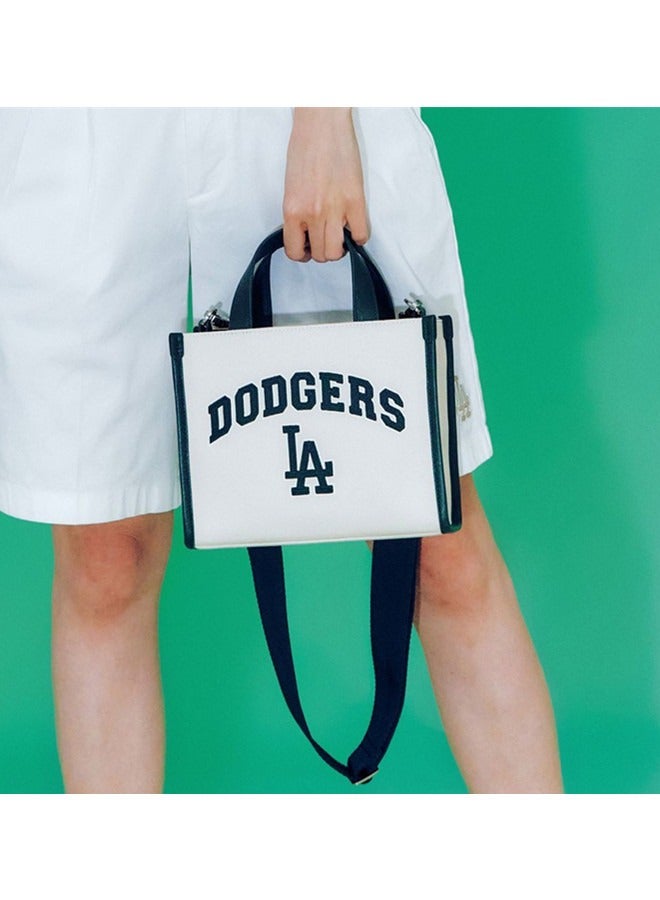 MLB Women's Contrasting Texture Canvas Tote Bag Pu Leather Stitching Large Capacity Shoulder Bag Multi Pocket Adjustable Shoulder Strap Handbag