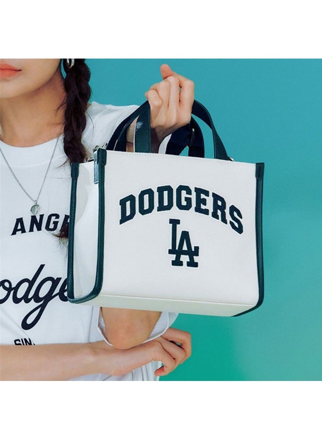 MLB Women's Contrasting Texture Canvas Tote Bag Pu Leather Stitching Large Capacity Shoulder Bag Multi Pocket Adjustable Shoulder Strap Handbag