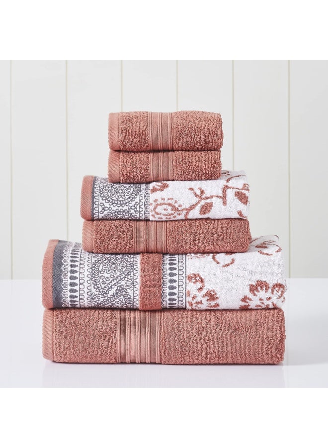 6 Piece Set 2 Bath Towels 2 Hand Towels 2 Washcloths Yarn Dyed Jacquard/Solid Towel Set Ophelia Clay