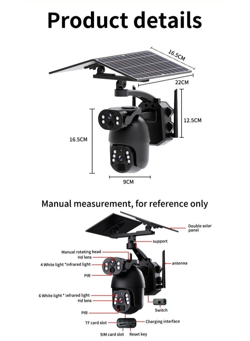 4G LTE Solar Camera - 6MP Dual Lens Outdoor Camera, 360° Viewing Angle, 6W+6W Wireless Camera, Two-Way Audio, PIR Human Detection, IP65 Waterproof, Cloud Storage (With 128GB Card)