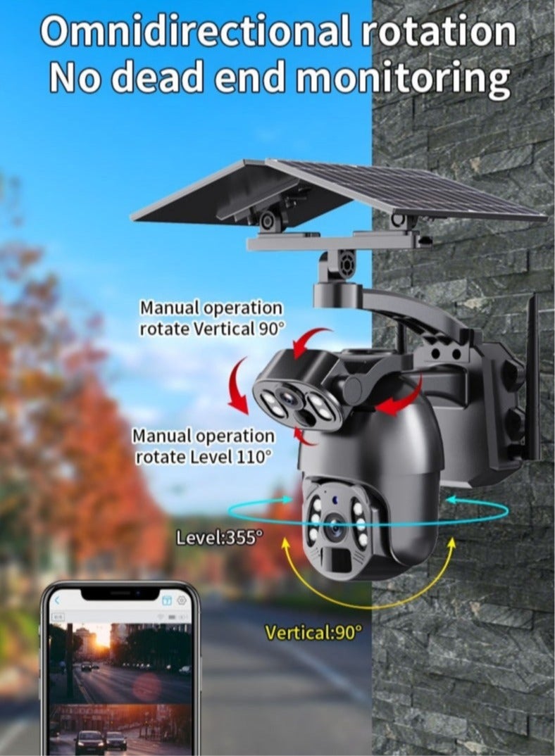 4G LTE Solar Camera - 6MP Dual Lens Outdoor Camera, 360° Viewing Angle, 6W+6W Wireless Camera, Two-Way Audio, PIR Human Detection, IP65 Waterproof, Cloud Storage (With 128GB Card)