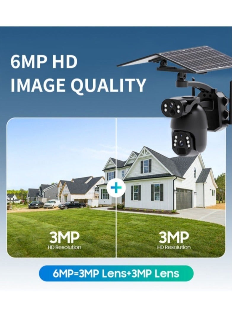 4G LTE Solar Camera - 6MP Dual Lens Outdoor Camera, 360° Viewing Angle, 6W+6W Wireless Camera, Two-Way Audio, PIR Human Detection, IP65 Waterproof, Cloud Storage (With 128GB Card)