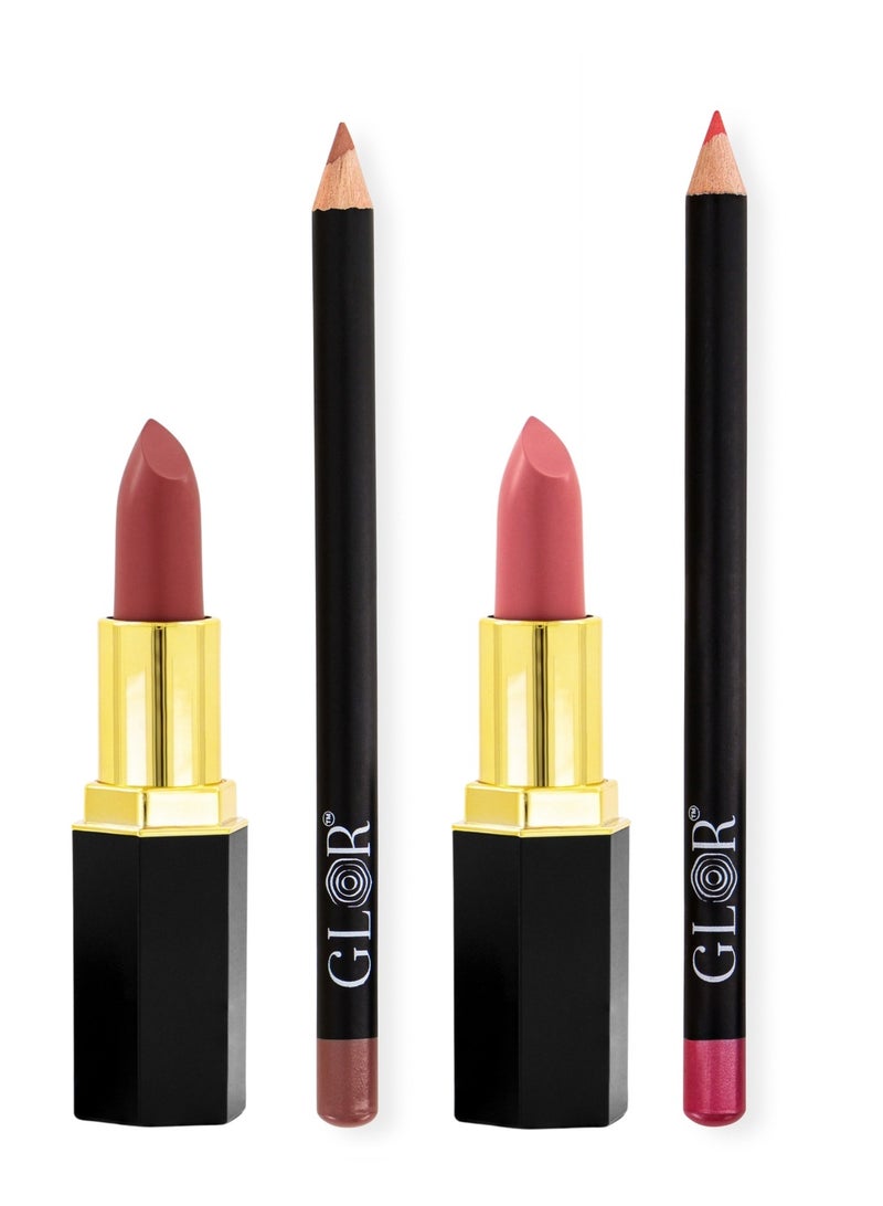 Glor Endless Charm Lipstick– Intense Long-Lasting Color, Luxurious Moisture, Ultra-Creamy Formula for Beautiful Lips-Voila + Whispering Rose  and Glor Endless Charm Ultimate Precision Lip Liner  –Vegan, Allergen-Free, Long-Lasting Lip Definition- Cafe + Lady Rose