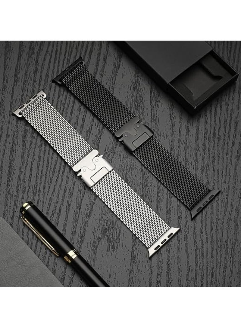 (Pack of 2) Milanese Mesh Loop Band Compatible with Apple Watch Ultra 1/2 49mm 46mm 45mm 44mm 42mm Men Women, Designer Parachute-Style Metal Buckle Adjustable Strap for iWatch SE Series 10 9 8 7 6 5 4 3 2 1 SE