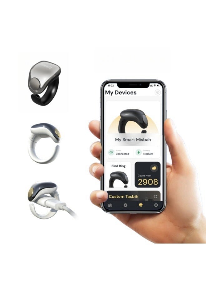 Tasbih Zikr Smart Ring, Adjustable Ring Finger Counter with 5 Sizes (16/18/20/22/24mm), APP Support Digital Counter Prayer Reminder Rings, Waterproof 4 Digit Finger Counter Zikr Ring for Muslims (Space Silver)