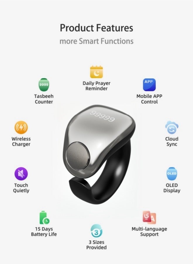 Tasbih Zikr Smart Ring, Adjustable Ring Finger Counter with 5 Sizes (16/18/20/22/24mm), APP Support Digital Counter Prayer Reminder Rings, Waterproof 4 Digit Finger Counter Zikr Ring for Muslims (Space Silver)