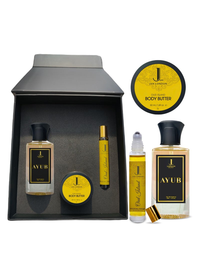 JAN LONDON Premium Concepts Gift Set: Luxurious AYUB EDP Perfume 50ml, Portable Roll on Attar 10ml, and Deeply Nourishing Oud Island Body Butter 50ml – The Ultimate Fragrance and Skincare Experience
