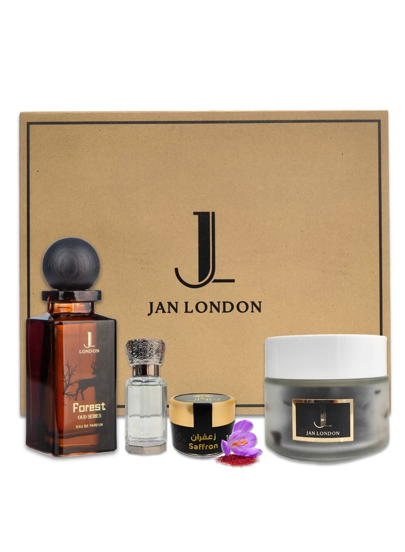 JAN LONDON Gift Set: FOREST EDP 80ml, Attar 10ml, Bakhoor 50g, and Saffron 1g – Luxury Fragrance and Aromatic Experience