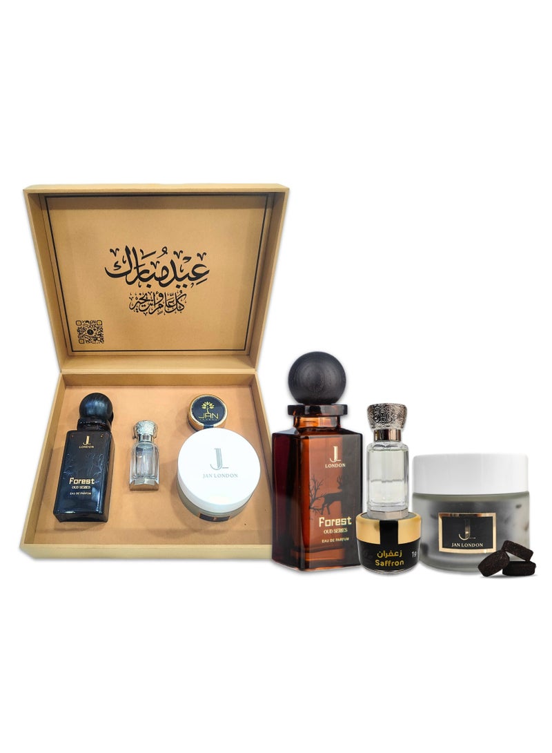 JAN LONDON Gift Set: FOREST EDP 80ml, Attar 10ml, Bakhoor 50g, and Saffron 1g – Luxury Fragrance and Aromatic Experience