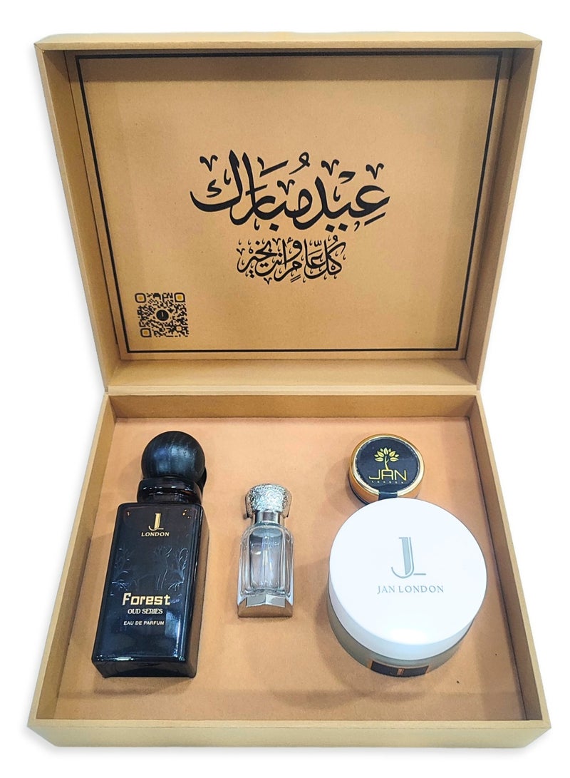 JAN LONDON Gift Set: FOREST EDP 80ml, Attar 10ml, Bakhoor 50g, and Saffron 1g – Luxury Fragrance and Aromatic Experience