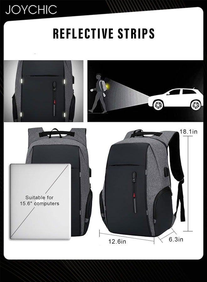 Travel Laptop Backpack Multifunction Business Anti-theft Zipper Daypack Large Capacity College School Computer Bag with USB Charging Port Fit 15.6 Inch for Men Office Work Outdoor Grey+Black