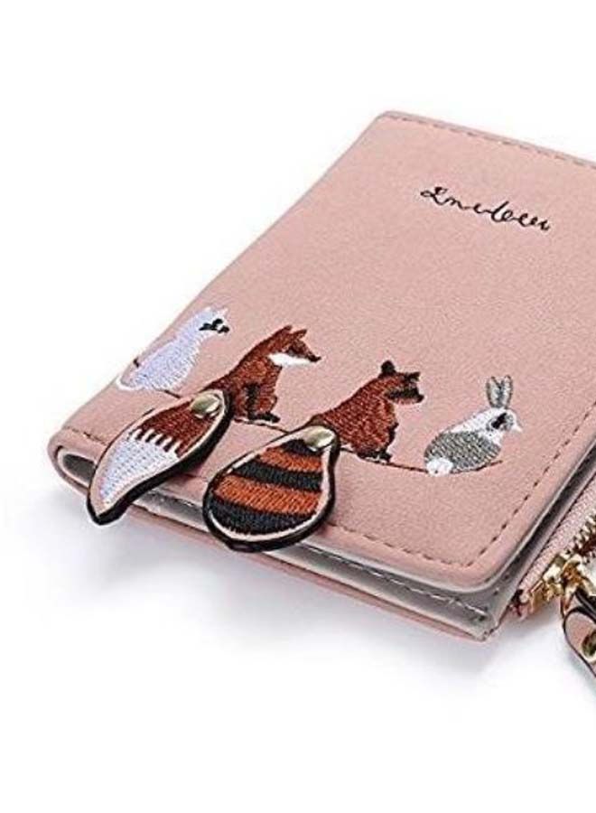 Animals Embroidery Bifold Wallet Pink/Brown