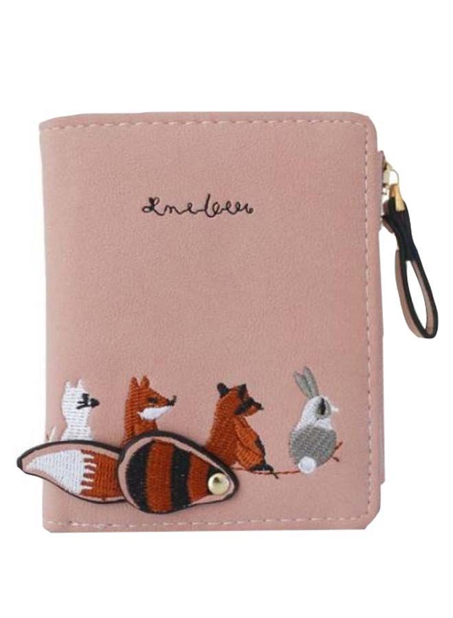 Animals Embroidery Bifold Wallet Pink/Brown