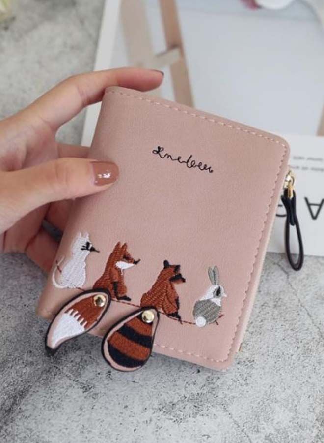 Animals Embroidery Bifold Wallet Pink/Brown