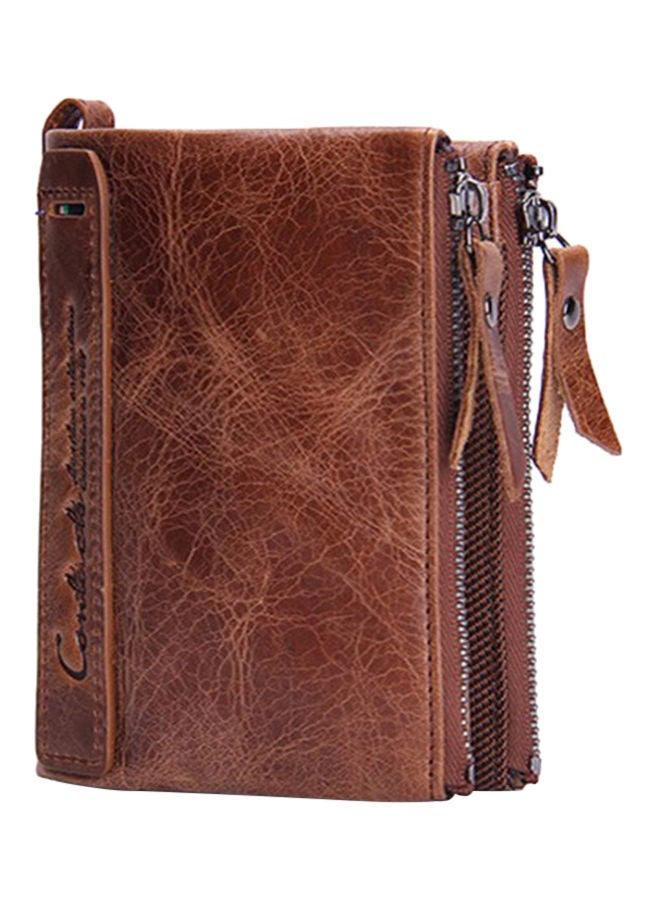 Leather Wallet With Double Zipper Brown