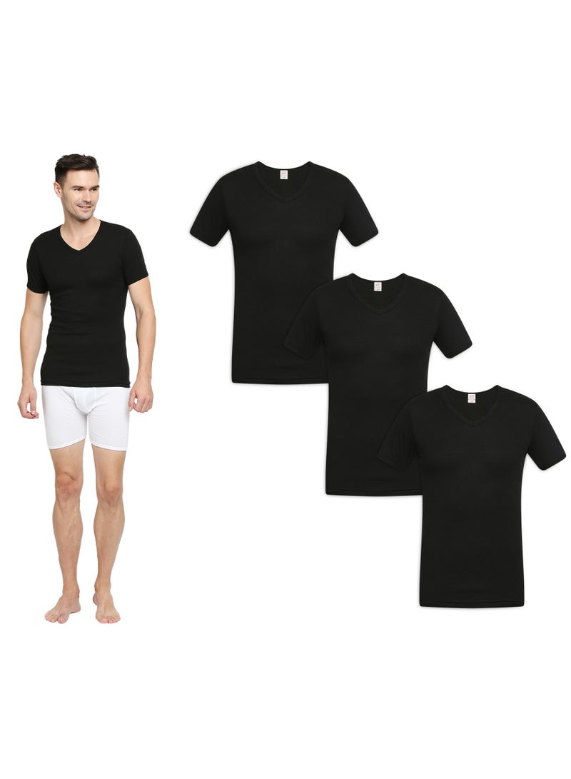 MEN'S V-NECK COTTON UNDERSHIRT (PACK OF 3) - BLACK