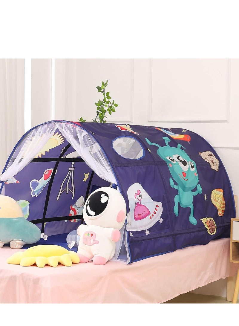 Kids Playhouse Tent Bed, Boys Girls Play Tent Game House, Portable Baby Toddlers Sleeping Tent, Space Star Theme Breathable Cottage Playhouse with Net Curtain & Mesh Windows & Carry Bag
