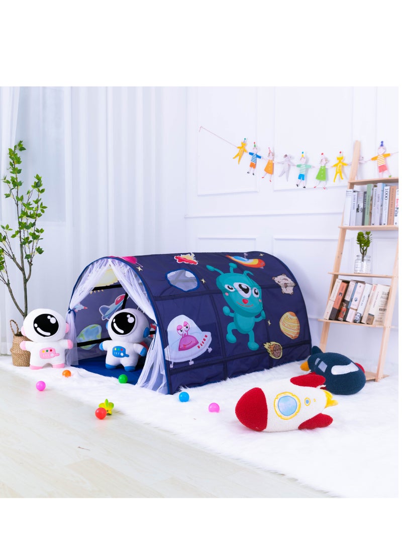 Kids Playhouse Tent Bed, Boys Girls Play Tent Game House, Portable Baby Toddlers Sleeping Tent, Space Star Theme Breathable Cottage Playhouse with Net Curtain & Mesh Windows & Carry Bag