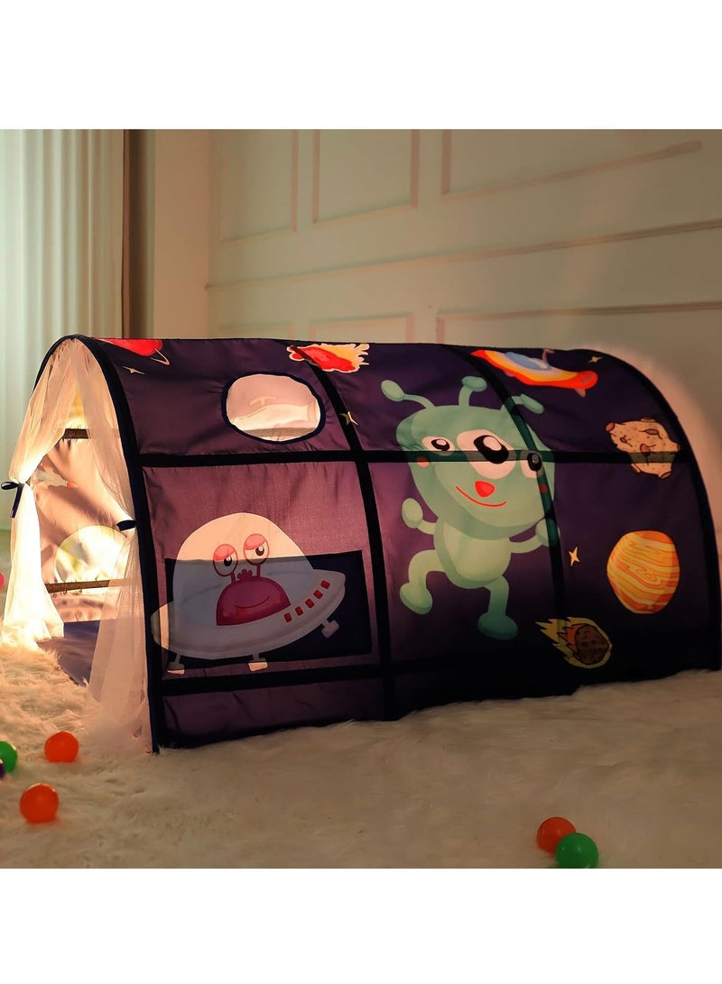Kids Playhouse Tent Bed, Boys Girls Play Tent Game House, Portable Baby Toddlers Sleeping Tent, Space Star Theme Breathable Cottage Playhouse with Net Curtain & Mesh Windows & Carry Bag