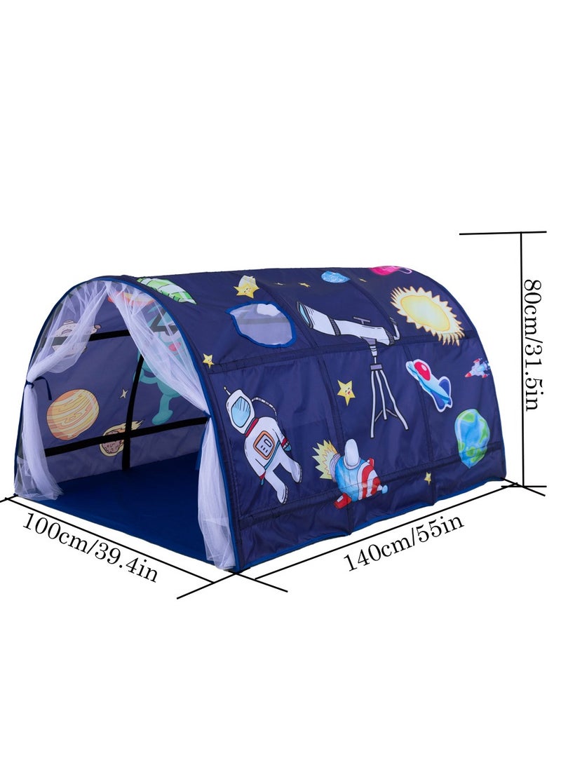 Kids Playhouse Tent Bed, Boys Girls Play Tent Game House, Portable Baby Toddlers Sleeping Tent, Space Star Theme Breathable Cottage Playhouse with Net Curtain & Mesh Windows & Carry Bag