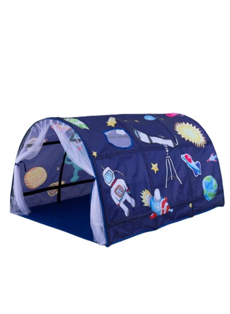 Kids Playhouse Tent Bed, Boys Girls Play Tent Game House, Portable Baby Toddlers Sleeping Tent, Space Star Theme Breathable Cottage Playhouse with Net Curtain & Mesh Windows & Carry Bag