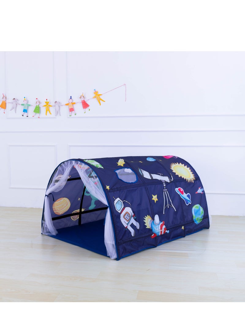 Kids Playhouse Tent Bed, Boys Girls Play Tent Game House, Portable Baby Toddlers Sleeping Tent, Space Star Theme Breathable Cottage Playhouse with Net Curtain & Mesh Windows & Carry Bag