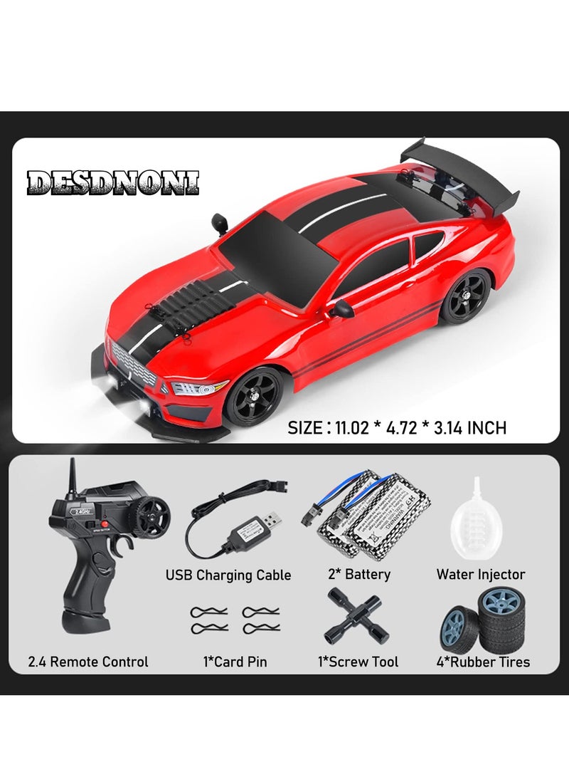 RC Drift Car 1:16 Scale 4WD Remote Control Car, 2.4GHz 18KM/H High Speed Model Vehicle with LED Lights, Spray and Drifting Tire, Racing Car Toy Includes 2 Batteries, Gift for Kids  Boys Girls Adults