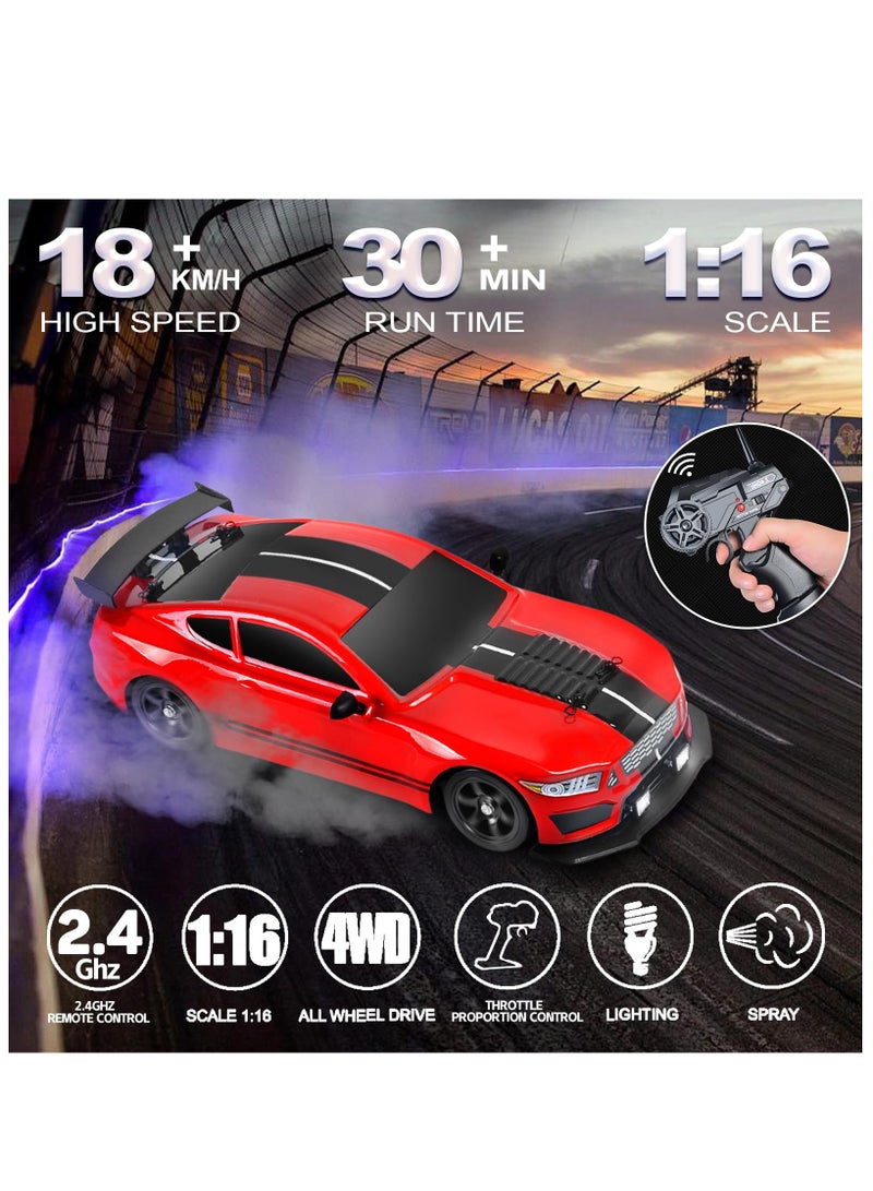 RC Drift Car 1:16 Scale 4WD Remote Control Car, 2.4GHz 18KM/H High Speed Model Vehicle with LED Lights, Spray and Drifting Tire, Racing Car Toy Includes 2 Batteries, Gift for Kids  Boys Girls Adults