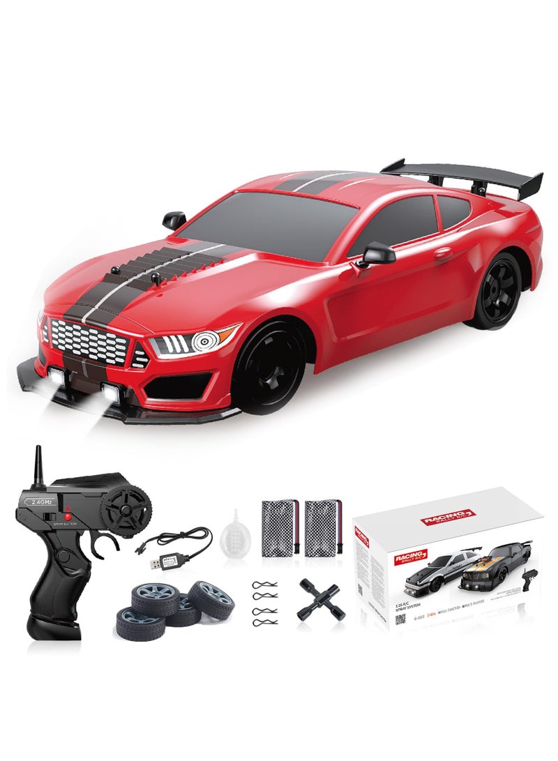 RC Drift Car 1:16 Scale 4WD Remote Control Car, 2.4GHz 18KM/H High Speed Model Vehicle with LED Lights, Spray and Drifting Tire, Racing Car Toy Includes 2 Batteries, Gift for Kids  Boys Girls Adults