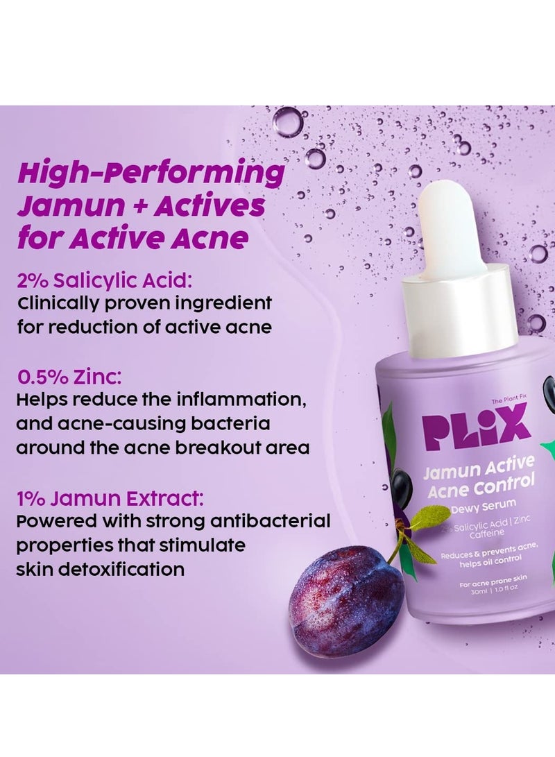 PLIX - THE PLANT FIX 2% Salicylic Acid Jamun Active Acne Control Dewy Serum 30 ml for Active Acne & Dark Spot Reduction with Caffeine for Breakout Control (Pack of 1)