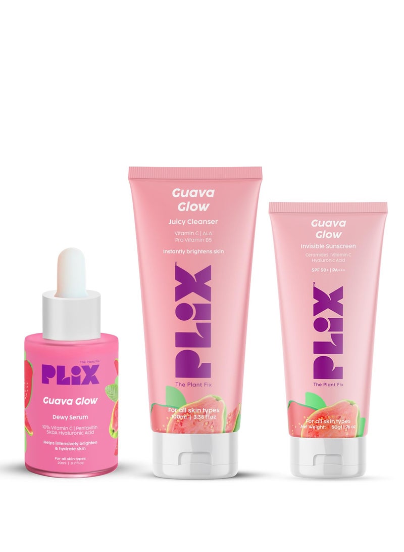 PLIX - THE PLANT FIX Vitamin C Guava Skincare Combo, Face Serum, Cleanser & Zero White Cast Sunscreen | For Skin Brightening & Sun Protection | UVA, UVB Shield & Hydration, For Men & Women