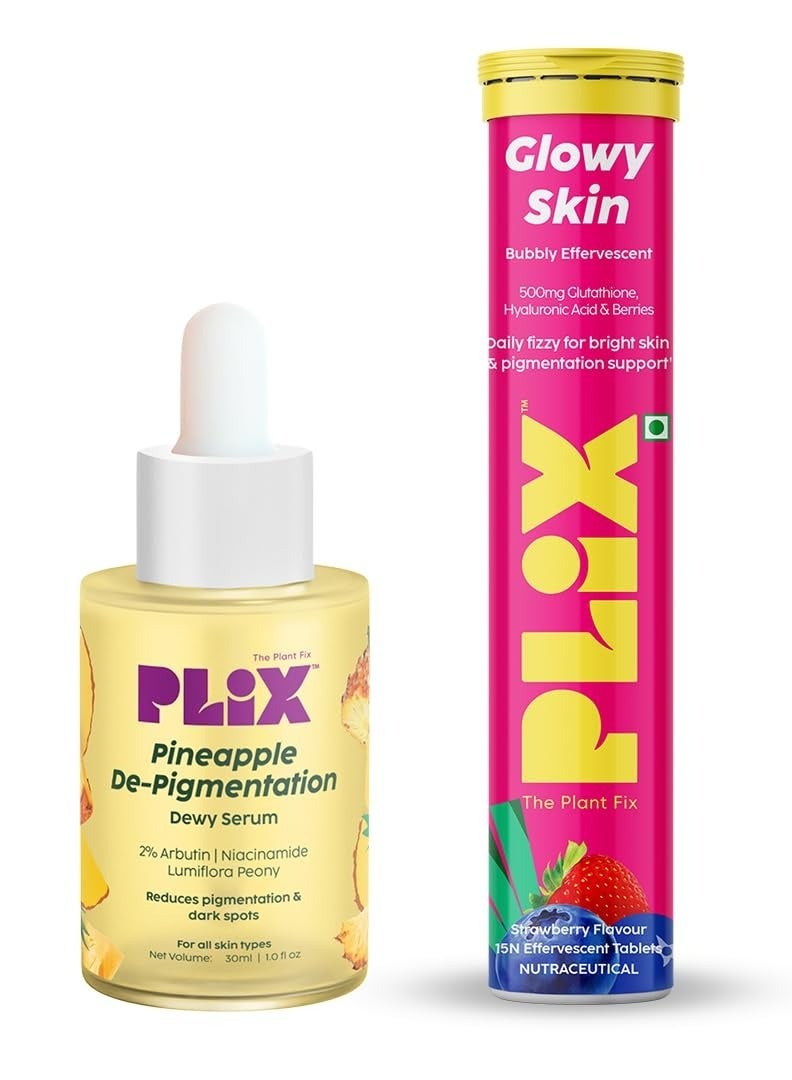 PLIX - THE PLANT FIX Glutathione Skin Glow 15 Effervescent Tablets and Pineapple Serum Combo for Clear Skin, 2% Alpha Arbutin for Unisex with Niacinamide, PHA and Vitamin E, 15ml (Pack of 2)