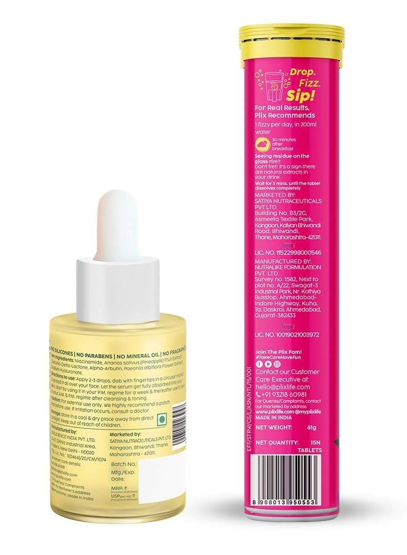 PLIX - THE PLANT FIX Glutathione Skin Glow 15 Effervescent Tablets and Pineapple Serum Combo for Clear Skin, 2% Alpha Arbutin for Unisex with Niacinamide, PHA and Vitamin E, 15ml (Pack of 2)