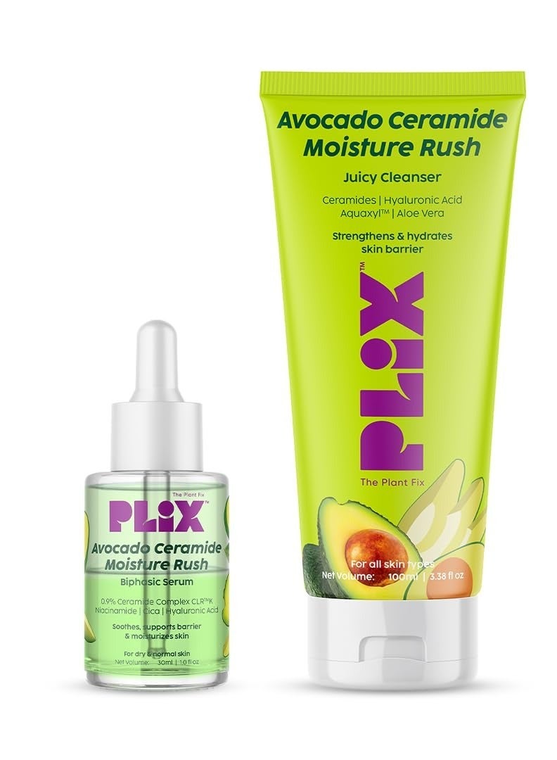 PLIX- THE PLANT FIX Barrier Repair Regime Combo with Avocado Ceramide Moisture Rush Serum & Avocado Cleanser | Nourishes and Hydrates Skin | For Men & Women| Pack of 2 (30ml + 100ml)