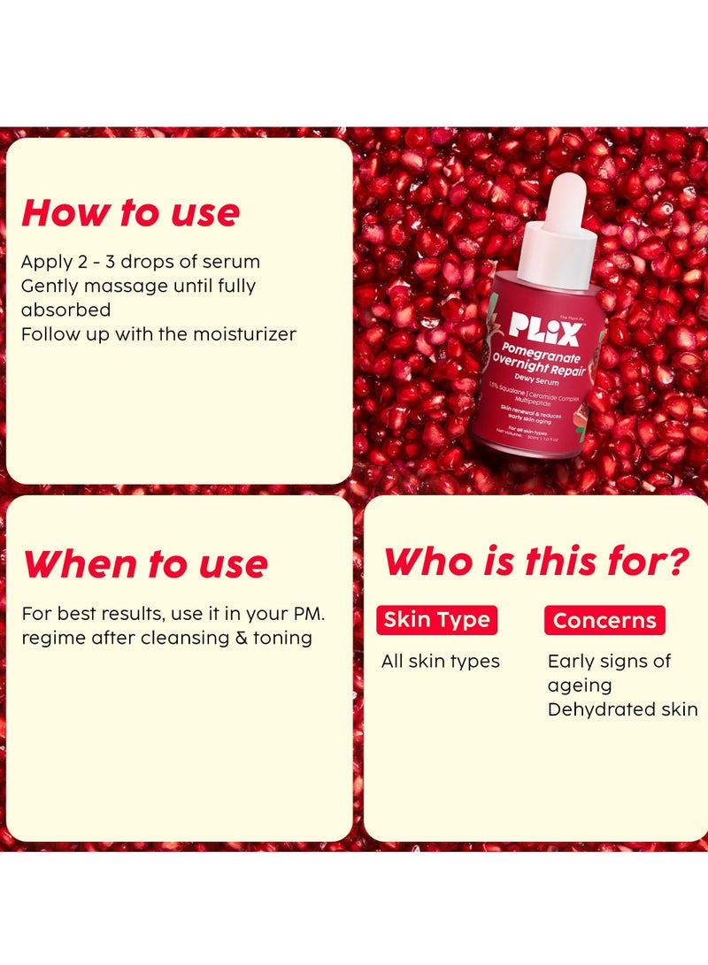 PLIX - THE PLANT FIX Pomegranate Overnight Repair Dewy Serum (30ml) for Ageless Younger Skin | Reduce Fine Lines & Wrinkles | Collagen Boosting, Hydrating Serum for Women & Men | Anti-ageing