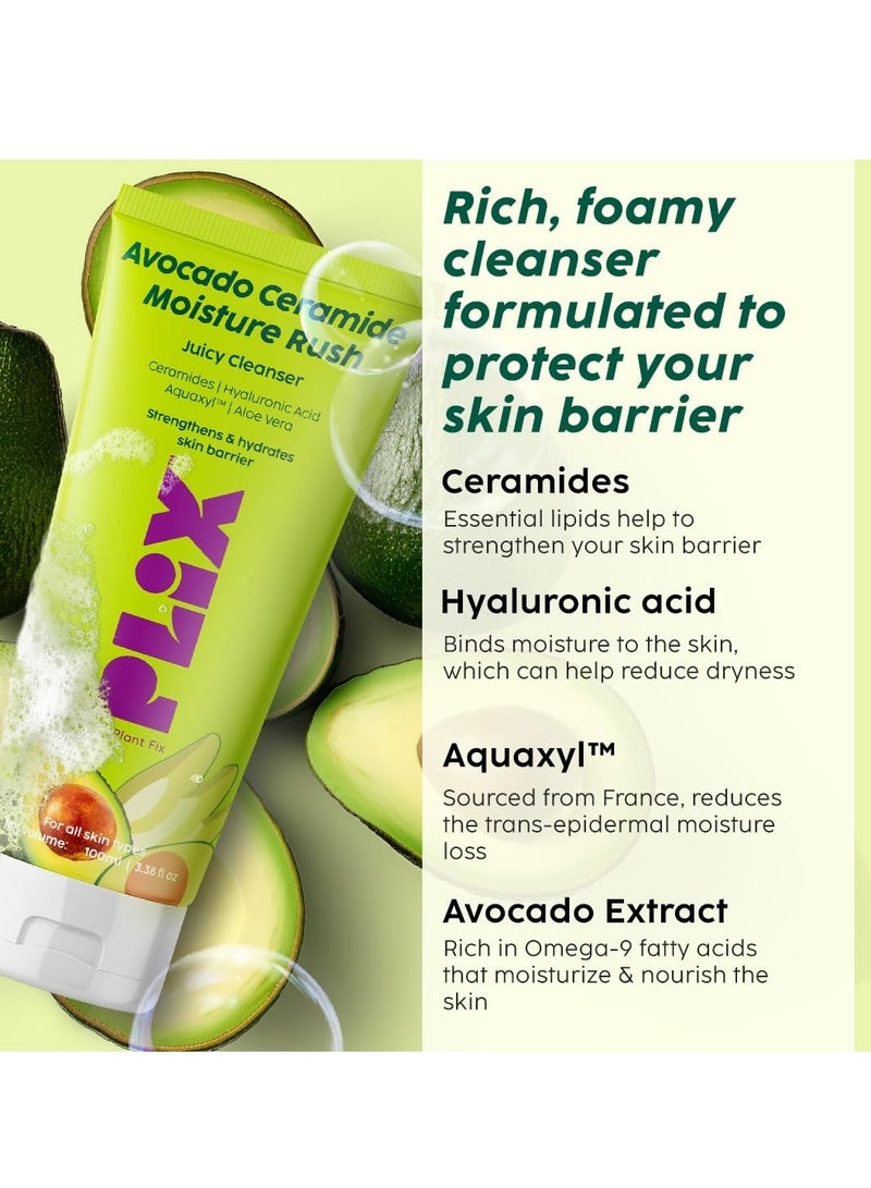 PLIX - THE PLANT FIX | Skin Brightening Combo with Avocado Ceramide Moisture Rush Cleanser 100ml, 10% Vitamin C Serum 20ml & Guava Glow Smoothie Moisturizer 50g | Skin Barrier & Glow