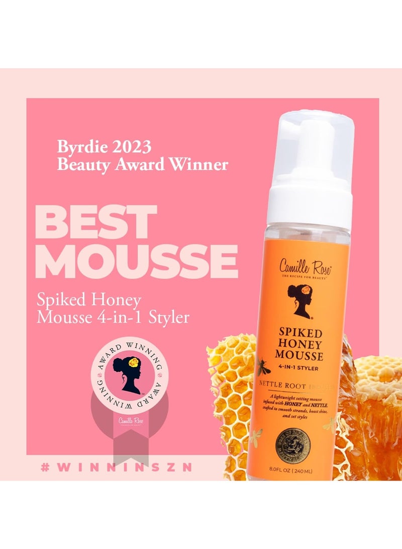 Camille Rose Spiked Honey Mousse, 4-in-1 Hair Styler with Nettle Root, to Nourish and Hydrate Strands, Define Curls, and Add shine, for All Hair Types, 8 fl oz 240ml, Made in USA.