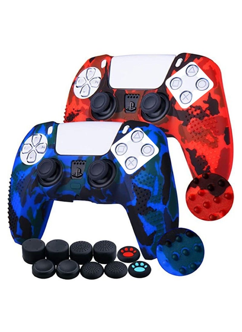 Silicone Shell Accessories For Sony 5 PS5 Wireless Controller Handles With Non Slip Silicone Dust Protection Cover, PS5 Handle Shell x 2, With Thumb Handle x 10 (Red Camouflage+Blue)