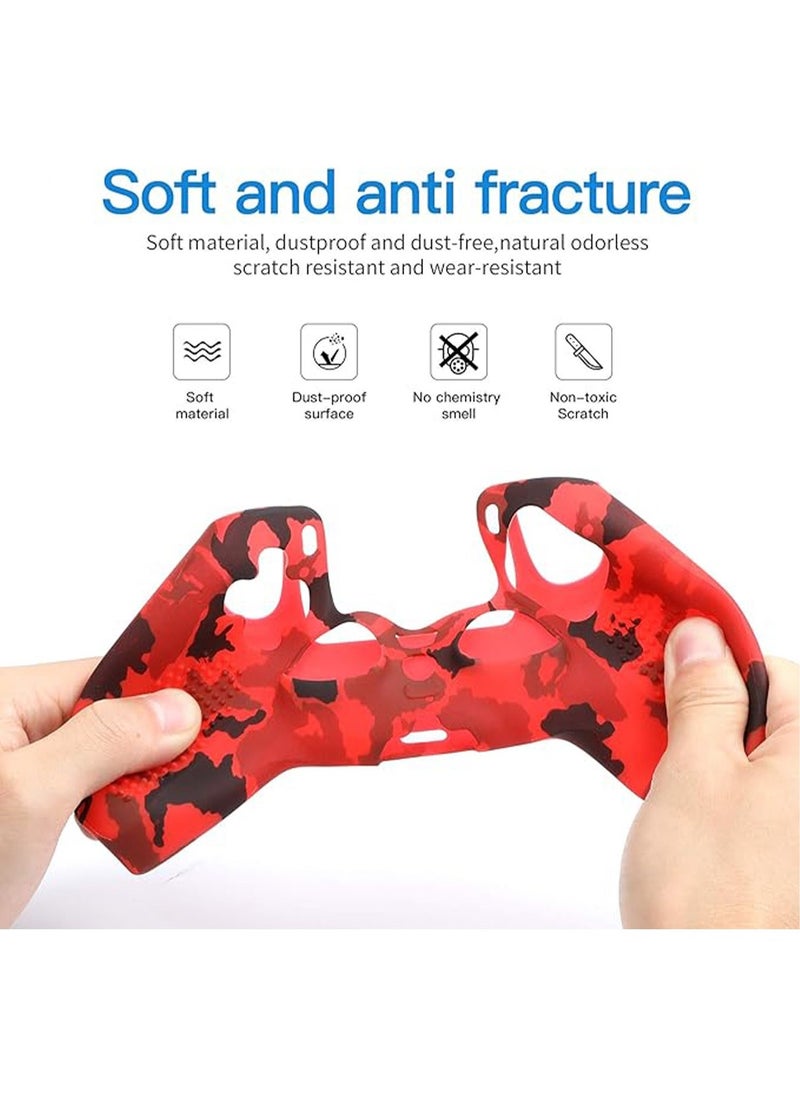 Silicone Shell Accessories For Sony 5 PS5 Wireless Controller Handles With Non Slip Silicone Dust Protection Cover, PS5 Handle Shell x 2, With Thumb Handle x 10 (Red Camouflage+Blue)