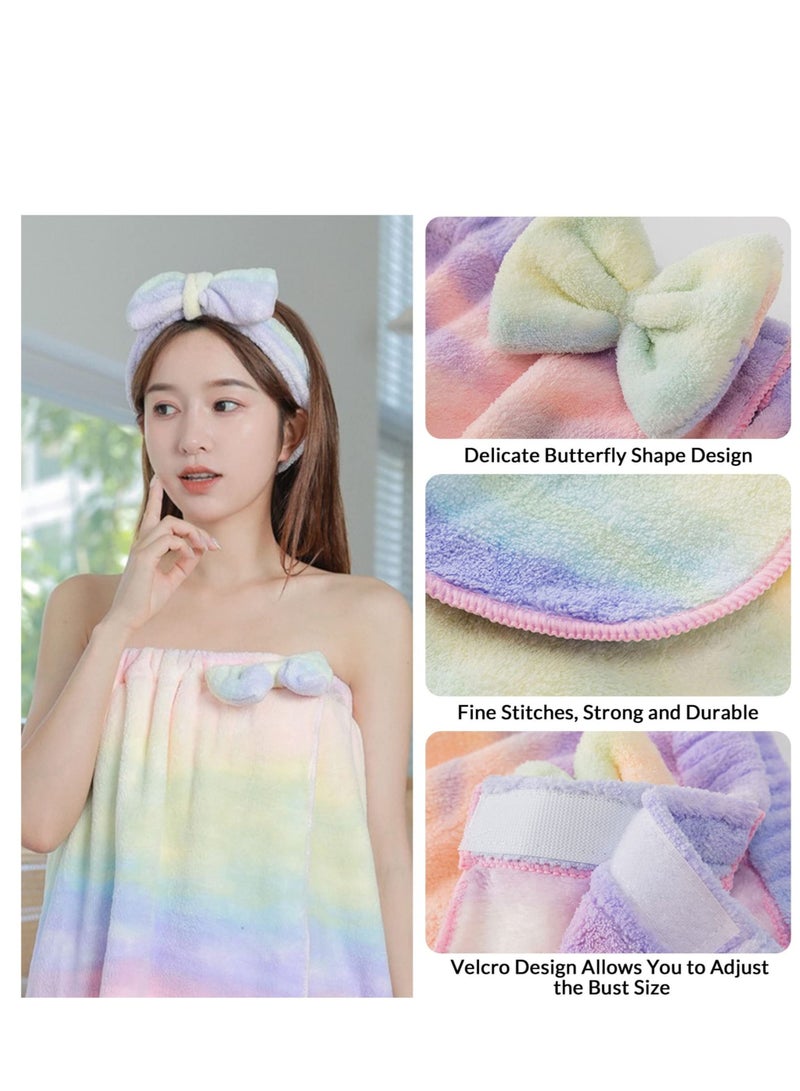 4 Pcs Bath Wrap Towel and Hair Drying Towel Kit, Adjustable Elastic Ultra Absorbent Towel Wrap with Snap Closure Microfiber Soft Coral Fleece Quick Dry Hair Towel Wrap for Women Girl