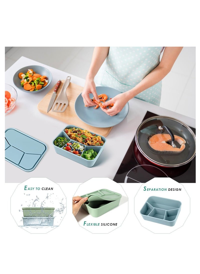 Silicone Bento Box, Bento Lunch Box with 4 Compartments, Leak-Proof Salad Bento Boxes, Sauce Container, Utensils, Food Picks and Muffin Cups, Microwave, Dishwasher and Freezer Safe, Blue