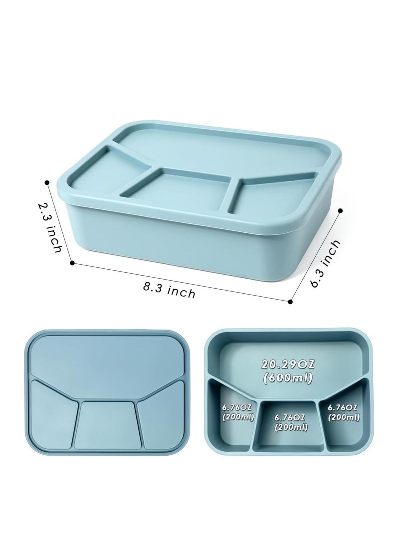 Silicone Bento Box, Bento Lunch Box with 4 Compartments, Leak-Proof Salad Bento Boxes, Sauce Container, Utensils, Food Picks and Muffin Cups, Microwave, Dishwasher and Freezer Safe, Blue