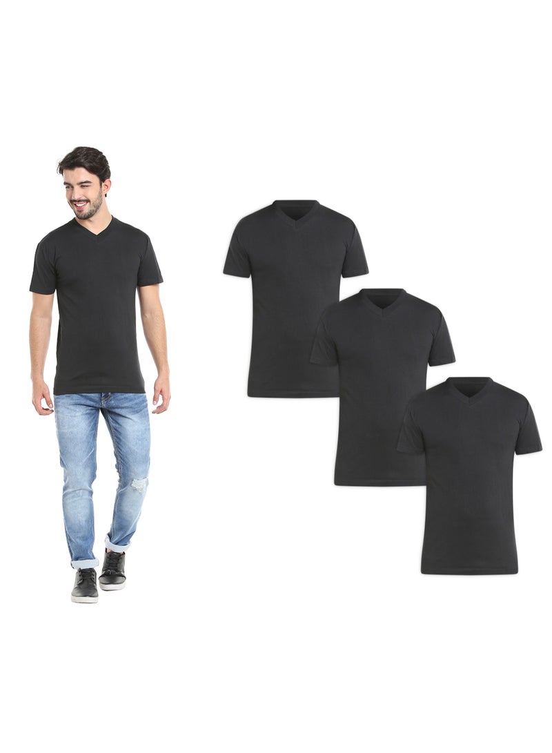 MEN'S V-NECK COTTON T-SHIRT (PACK OF 3) - BLACK